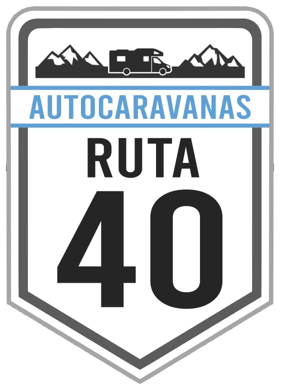 Logo de ruta 40 autocaravanas, fondo blanco, texto y borde negro, texto celeste